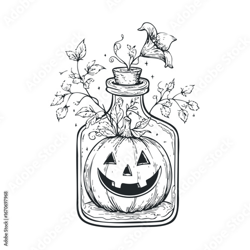 Halloween pumpkin in a jar with plants for festive decor. Halloween vector illustration