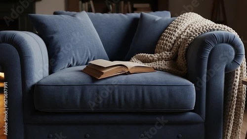Comfortable blue armchair with a book and a blanket.