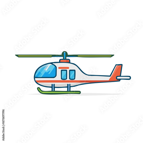 Stylized White and Orange Helicopter in Flight with Blue Windows and Green Skids