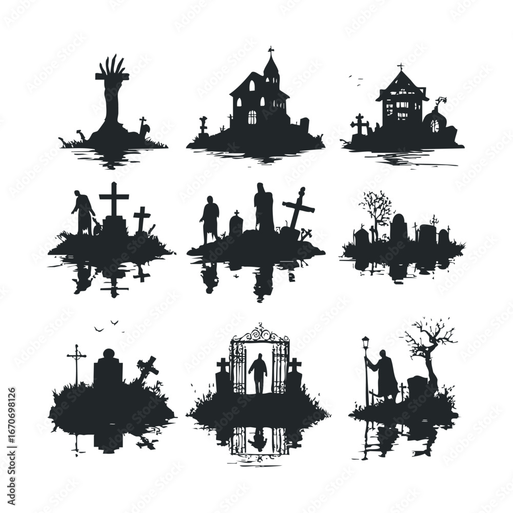 Obraz premium Spooky Halloween graveyard scenes for creative design projects. Halloween vector illustration
