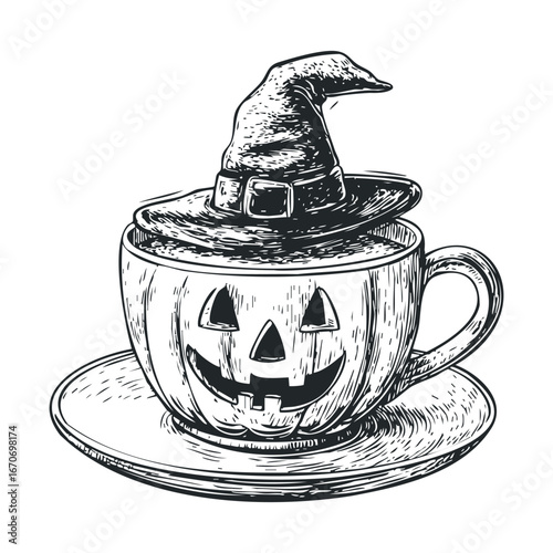Halloween coffee cup with a witch hat and pumpkin design. Halloween vector illustration