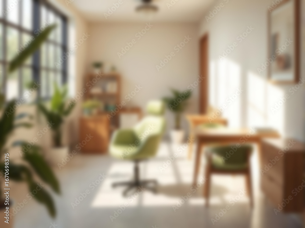 Fototapeta premium Soft focus of a cozy and modern interior with minimalist furniture and soft green accents. Blurry background with natural light. Suitable for corporate mockups, online meetings, presentations, etc