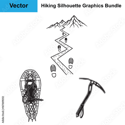 Snow Trail Ascent Snowshoe Ice Axe Silhouette Hiking Vector Bundle