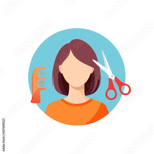 Woman getting haircut with scissors and comb at hairdresser salon in blue circle on a white background.