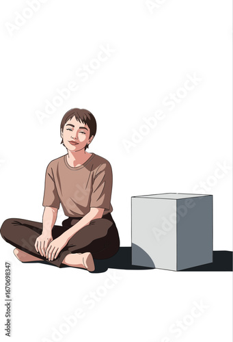 Woman sitting cross-legged on floor next to cube in relaxed pose with closed eyes calm peaceful expression