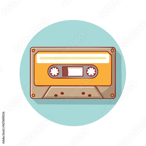 Retro audio cassette tape icon illustration inside light blue circle