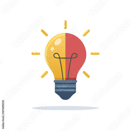 Half yellow and half red light bulb symbolizing creative concept and innovation, glowing with light rays, idea generation