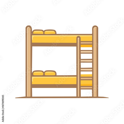 Illustration of Wooden Bunk Bed with Ladder and Yellow Mattress in Bedroom or Dormitory