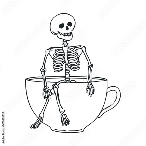 Quirky skeleton enjoying a giant cup for Halloween decoration. Halloween vector illustration