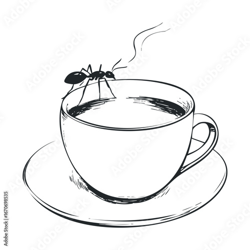 Ant enjoying a steaming cup of tea on a saucer. Halloween vector illustration