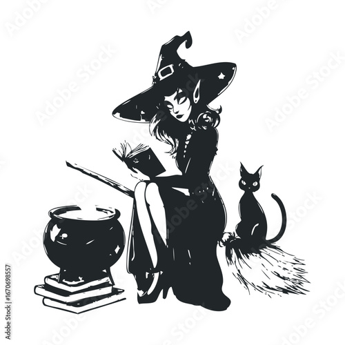 Enchanting witch reading a spellbook with a black cat. Halloween vector illustration