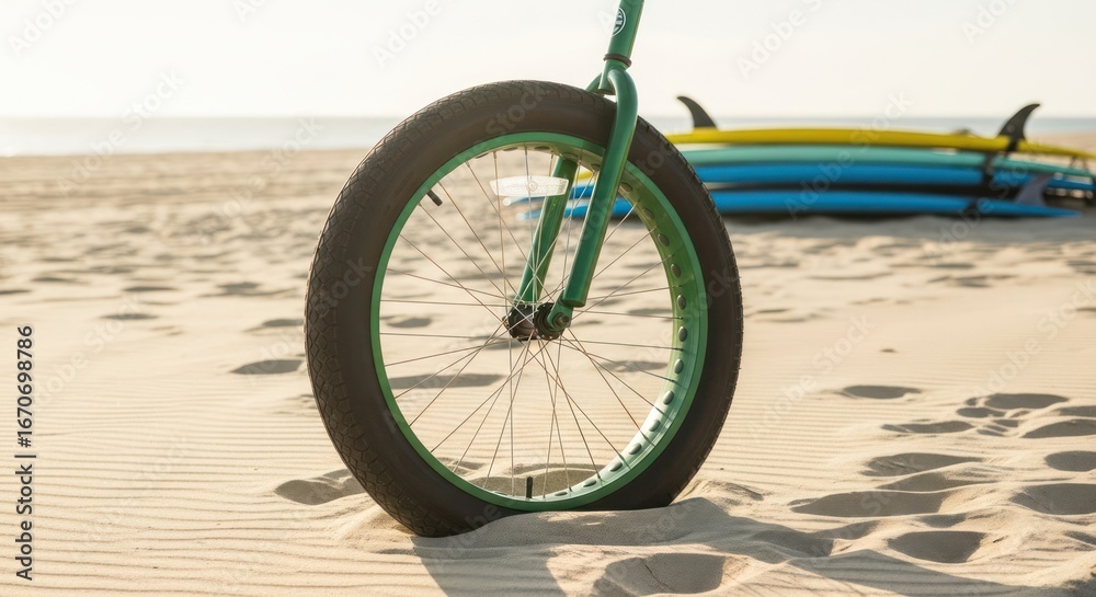 Fototapeta premium Wheel of bike on sand with surfboards in background, summertime fun