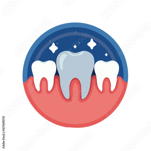 Illustration of Healthy Teeth and Gums with Blue Background and Sparkles for Dental Health.