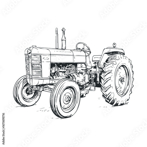Classic farm tractor drawing with vintage details for design projects. Halloween vector illustration