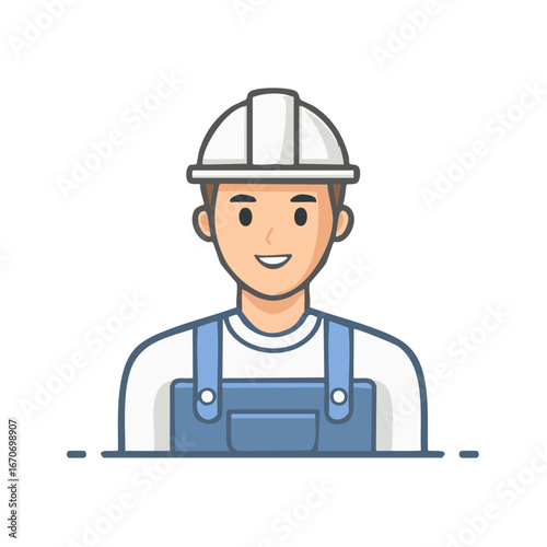 Friendly male construction worker wearing a hard hat and blue overalls smiling