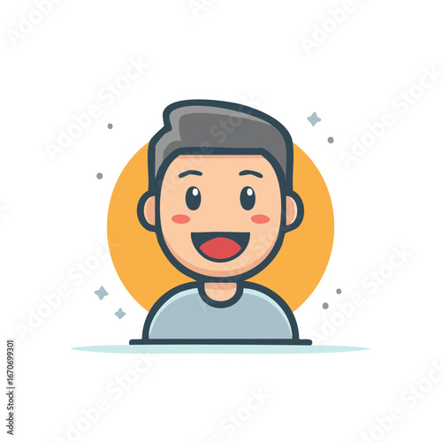 Happy cartoon man with grey hair smiling with a warm orange background