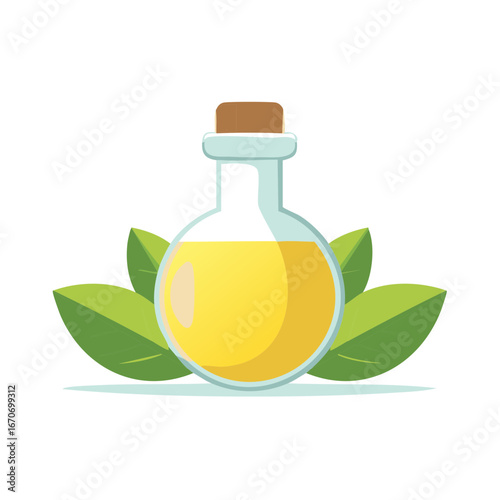 Bottle of Organic Liquid and Green Leaves, Oil Elixir, Essence