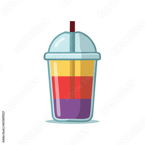 Colorful layered fruit juice smoothie in a plastic cup with a straw flat vector illustration