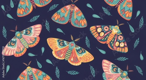 Seamless pattern with colorful moths and leaves on dark background for textile