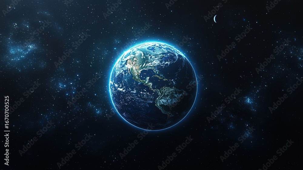 Obraz premium Earth from Space with Starry Background and Crescent Moon