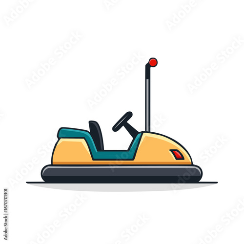 Cartoon illustration of a colorful bumper car, amusement park ride