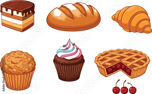 Vector illustration of delicious bakery desserts including chocolate cake, bread, croissant, muffin, cupcake, cherry pie, perfect for food design.