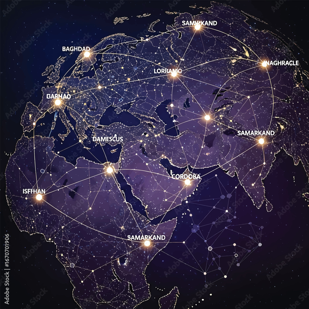 Fotografie Cosmic islamic civilization historical map illustration