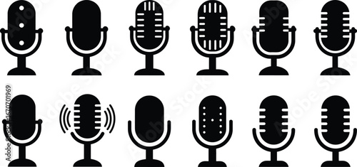 Microphone icons set different styles and shapes vector design collection for audio recording and broadcasting