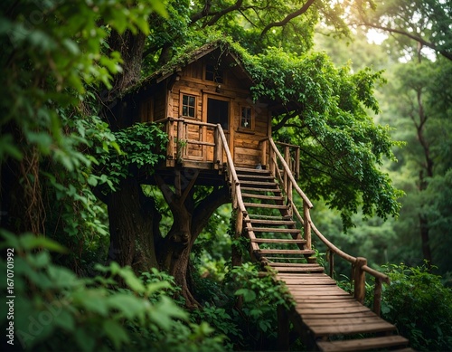 Wooden treehouse nestled in lush forest