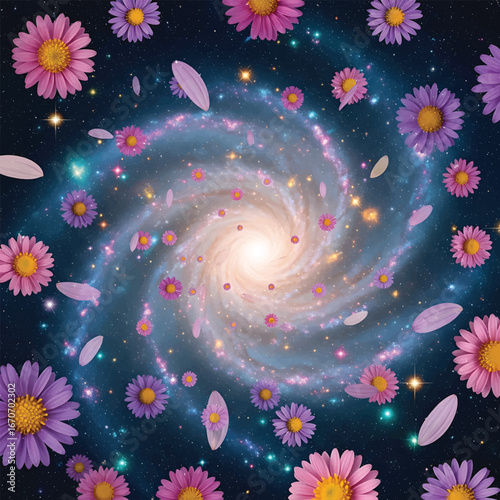 Cosmic floral galaxy pattern with celestial elements