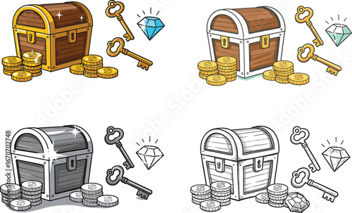 Vector illustration of treasure chest with gold coins, diamond, and keys in different styles, fantasy wealth concept for game design.