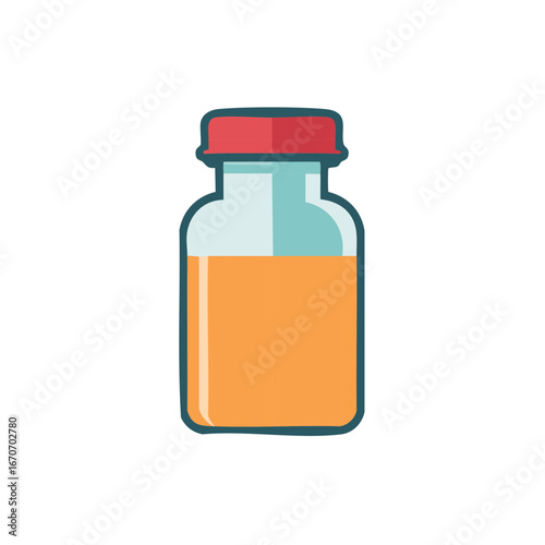 Cartoon illustration of a medicine bottle, with orange liquid and red lid.