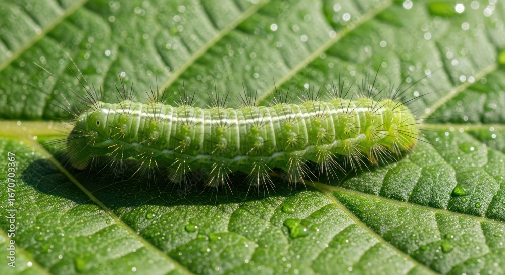 Fototapeta premium Green caterpillar crawling on a leaf with water droplets, macro