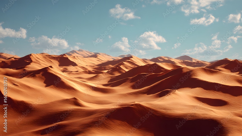 Fototapeta premium A vast expanse of ochre dunes stretches under a clear blue sky dotted with fluffy white clouds, showcasing the dramatic beauty of a desert landscape.