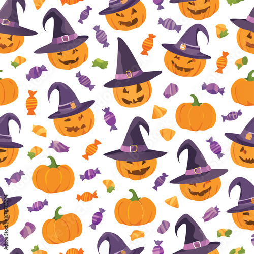 Festive Halloween seamless pattern featuring jack-o'-lanterns wearing witch hats and scattered colorful candies