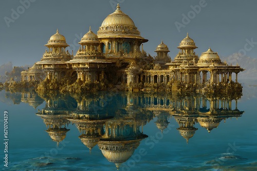 Stunning golden palace reflecting in serene water, a breathtaking architectural masterpiece with intricate details and a sense of wonder for travel and luxury.