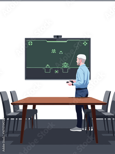 Man playing retro arcade game on large screen in modern room with table and chairs casual leisure activity vector illustration