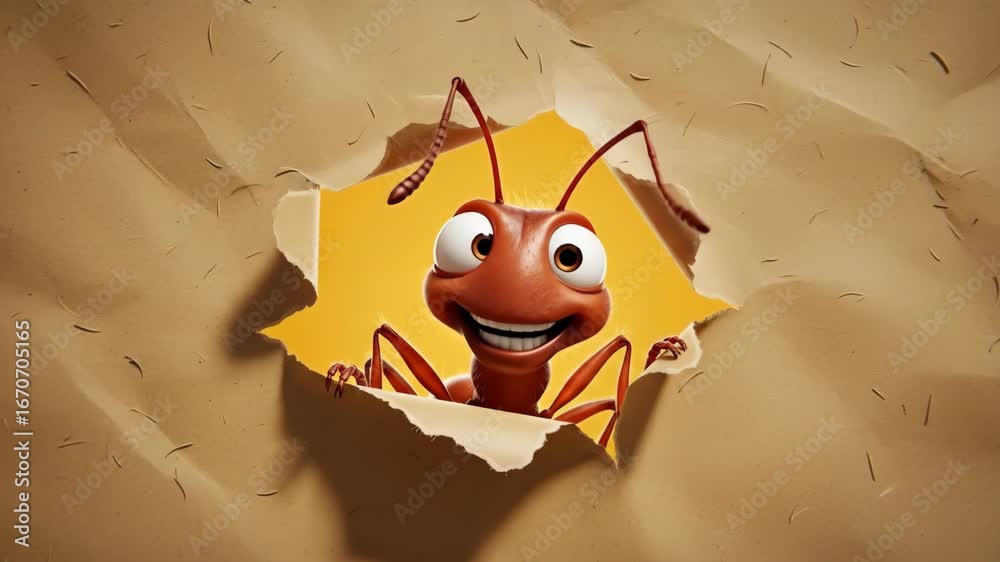 Happy Ant Peeking Through Torn Paper - A cheerful cartoon ant with big ...