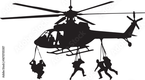 Black vector silhouette of a military helicopter flying with its rotor blades in the sky