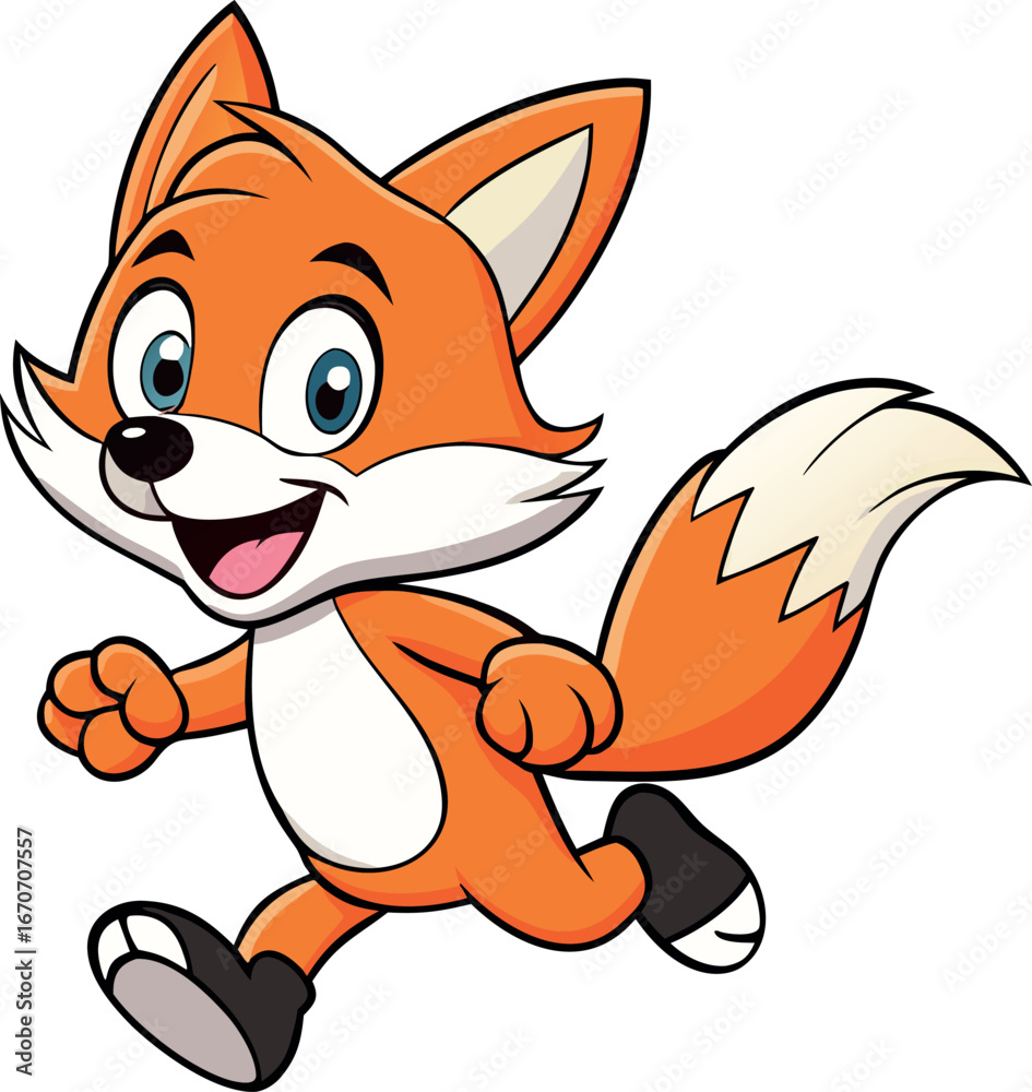 Obraz premium Happy Cartoon Fox Running with Big Blue Eyes and Bushy Tail