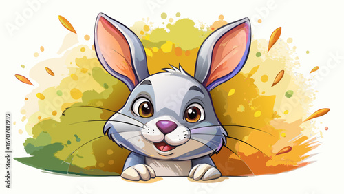 A cute rabbit, funny animal, peeking around corner, watercolor design isolated on white background.