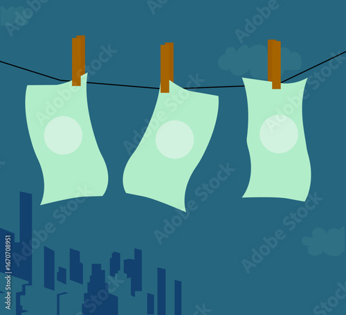 Washed money hanged for drying, money laundering illustration