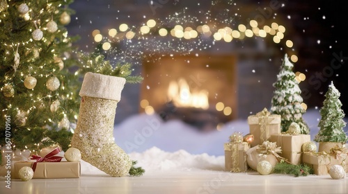 Festive Holiday Decorations With Tree, Gifts, and Glowing Fireplace in a Cozy Setting
