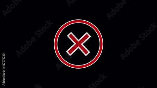 Red and white cross symbol inside a circle on a black background representing denial error or cancellation with a clean and modern design, cross mark symbol animation.