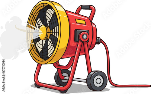 Cartoon Industrial Fan with Wheels Blowing Air Red and Yellow Design.