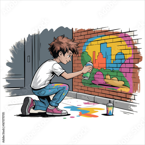 young street artist painting urban wall graffiti vector art isolated on white background