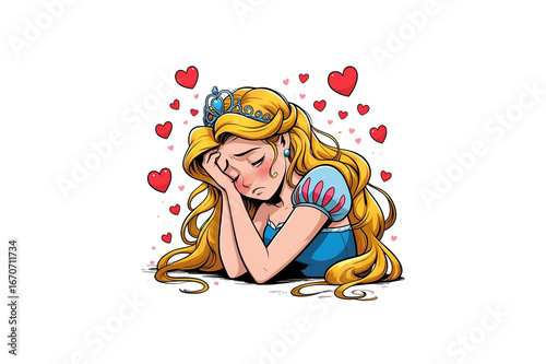 blissful princess with golden hair, surrounded by floating red hearts, no background