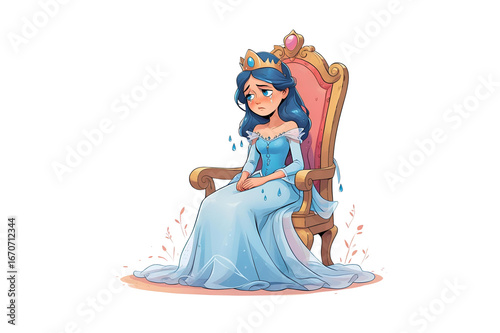 elegant blue-gowned princess with a golden crown seated on a pink throne, no background