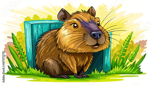 Kapibara, funny animal, peeking around corner, Watercolor art. white background.