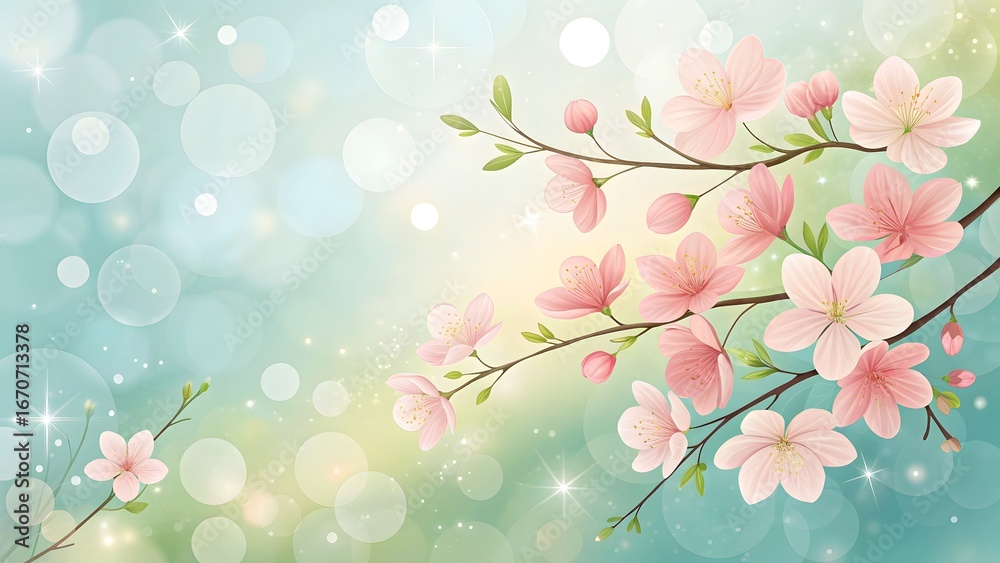 Fototapeta premium Pink Cherry Blossoms on Branch with Soft Bokeh Background